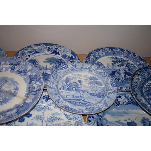 132P - A large and interesting collection of 19th century blue and white plates to include Spode 'The Commo... 