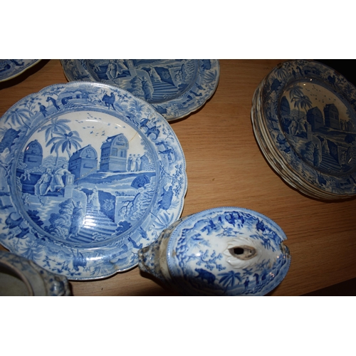 132Q - 19th century Spode blue and white transfer ware in the Caramanian pattern, part dinner set, to inlcu... 