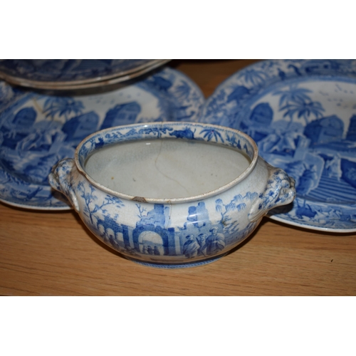 132Q - 19th century Spode blue and white transfer ware in the Caramanian pattern, part dinner set, to inlcu... 