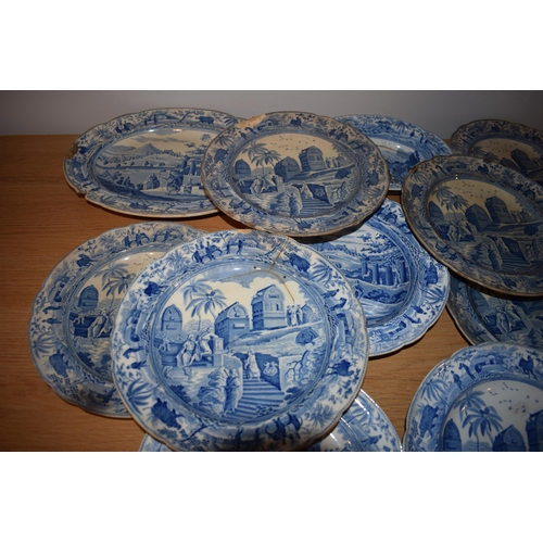 132Q - 19th century Spode blue and white transfer ware in the Caramanian pattern, part dinner set, to inlcu... 