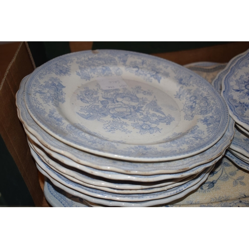 132T - A large collection of 19th century blue and white pottery in the Asiatic Pheasant design to include ... 