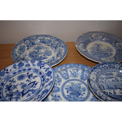 132U - 19th century blue and white transfer ware to include a Davenport armorial plate, dishes, plates and ... 