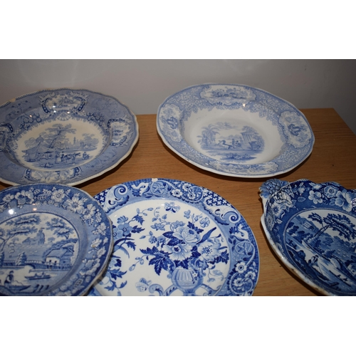 132U - 19th century blue and white transfer ware to include a Davenport armorial plate, dishes, plates and ... 