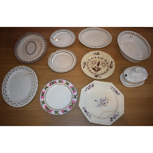 132Y - 19th century creamware pottery to include pierced ware plates and baskets with serving platters.