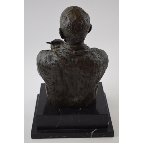 481 - Bronze bust of Pablo Picasso, mounted onto black marble base, signed 'Milo', 34cm tall.