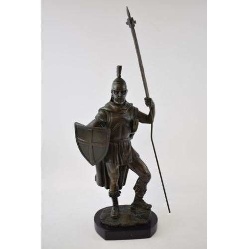 485 - Antique style bronzed spelter figure of a Roman Centurion, on marble base, 55cm tall including spear... 