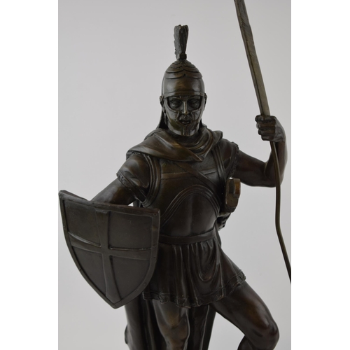 485 - Antique style bronzed spelter figure of a Roman Centurion, on marble base, 55cm tall including spear... 