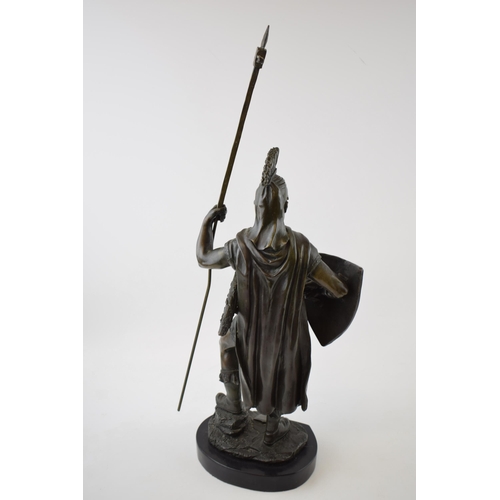 485 - Antique style bronzed spelter figure of a Roman Centurion, on marble base, 55cm tall including spear... 