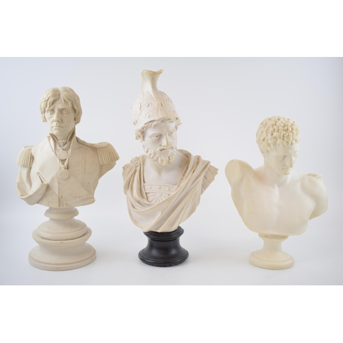 486 - A trio of soft stone / stone effect figural busts to include Lord Nelson, a Centurion and a Roman bu... 