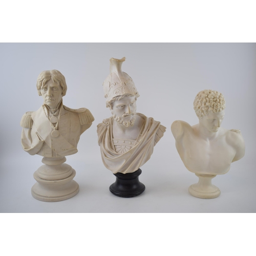 486 - A trio of soft stone / stone effect figural busts to include Lord Nelson, a Centurion and a Roman bu... 