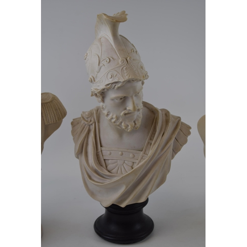 486 - A trio of soft stone / stone effect figural busts to include Lord Nelson, a Centurion and a Roman bu... 