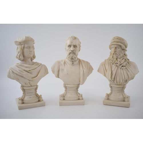 487 - A trio of stone effect figural busts depicting Michelangelo, Raphael and Leonardo Da Vinci (3), tall... 