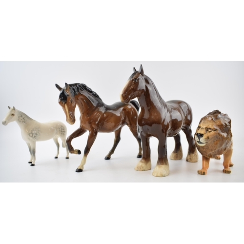 62F - Beswick horses to include brown shire 818, grey thoroughbred (13cm tall), a brown gloss Spirit of Fr... 