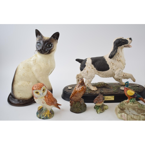 62G - Beswick to include a brown 818 shire, large Siamese cat, spaniel on base (chip to foot) with birds e... 