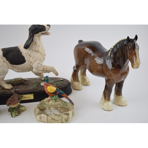 62G - Beswick to include a brown 818 shire, large Siamese cat, spaniel on base (chip to foot) with birds e... 