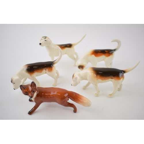 74X - Beswick hunting related animals to include 4 foxhounds and a fox (5).