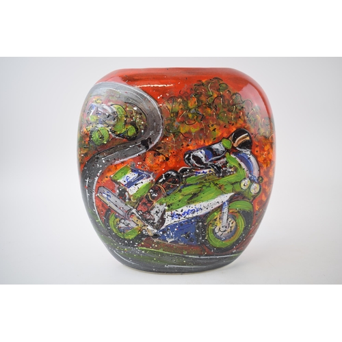 85B - Anita Harris Art Pottery 20cm purse vase in the 'Superbikes' pattern, unique one-off vase, designed ... 