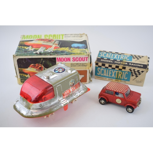 465 - Boxed Moon Scout vintage toy, made in Hong Kong, battery operated, with a Scalextric Mini Cooper in ... 