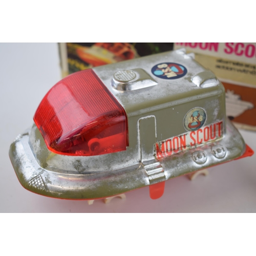 465 - Boxed Moon Scout vintage toy, made in Hong Kong, battery operated, with a Scalextric Mini Cooper in ... 