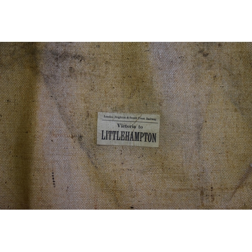 468 - 3 large sheets of antique hessian to include 1 with an old luggage label and 2 with indistinct print... 