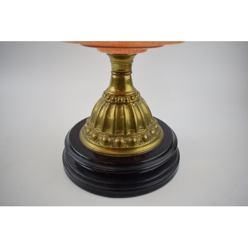 494 - Antique oil lamp 'Made in England' decorative fluted brass stand mounted on ceramic base, mottled op... 