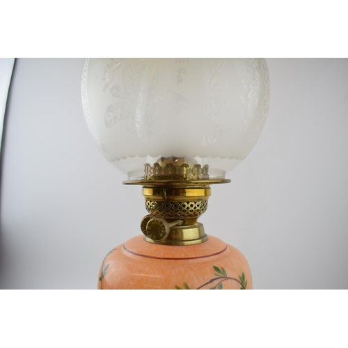 494 - Antique oil lamp 'Made in England' decorative fluted brass stand mounted on ceramic base, mottled op... 