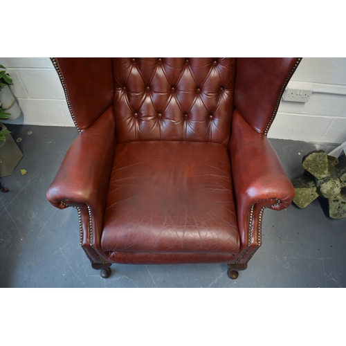 495 - Vintage leather Queen Anne style Chesterfield single wingback chair in oxblood. A good example of a ... 