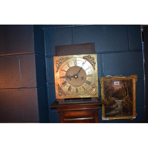 496 - Grandfather clock by Hampson of Wrexham, 1436. Brass dial with roman numerals. Oak case with brass f... 