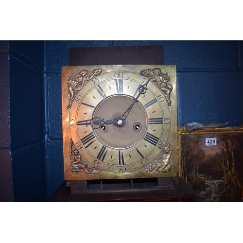 496 - Grandfather clock by Hampson of Wrexham, 1436. Brass dial with roman numerals. Oak case with brass f... 