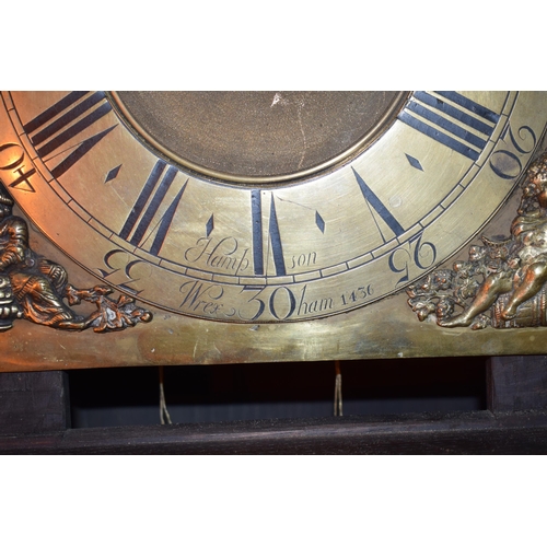 496 - Grandfather clock by Hampson of Wrexham, 1436. Brass dial with roman numerals. Oak case with brass f... 