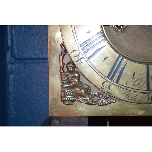 496 - Grandfather clock by Hampson of Wrexham, 1436. Brass dial with roman numerals. Oak case with brass f... 