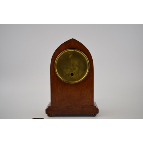 497 - Edwardian mantle clock with inlaid marquetry shell decoration. Ceramic dial with roman numerals and ... 