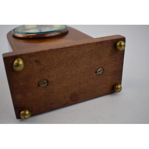 497 - Edwardian mantle clock with inlaid marquetry shell decoration. Ceramic dial with roman numerals and ... 