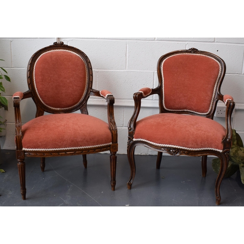 503 - Pair of Edwardian 'His and Hers'  salon chairs. Upholstered in a good quality pink fabric. Hand carv... 