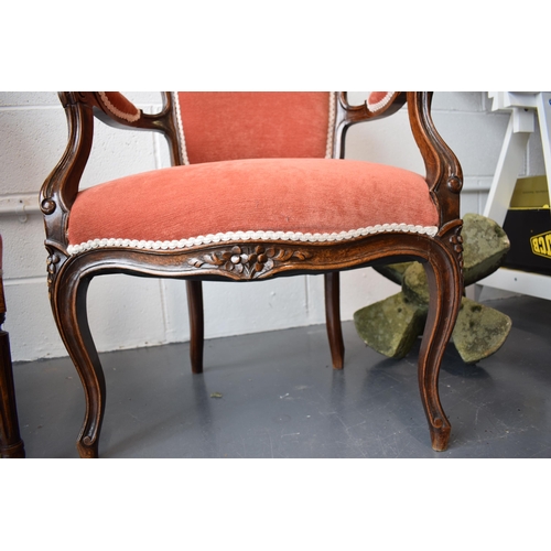 503 - Pair of Edwardian 'His and Hers'  salon chairs. Upholstered in a good quality pink fabric. Hand carv... 