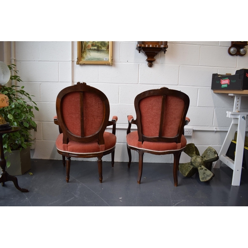 503 - Pair of Edwardian 'His and Hers'  salon chairs. Upholstered in a good quality pink fabric. Hand carv... 