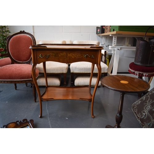 504 - A collection of Edwardian furniture items to include a small console table with inlaid marquetry des... 