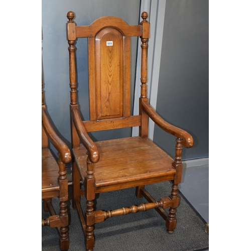 505 - A pair of oak Tudor style carver chairs. Pegged construction. Height 125cm, Width 57cm.