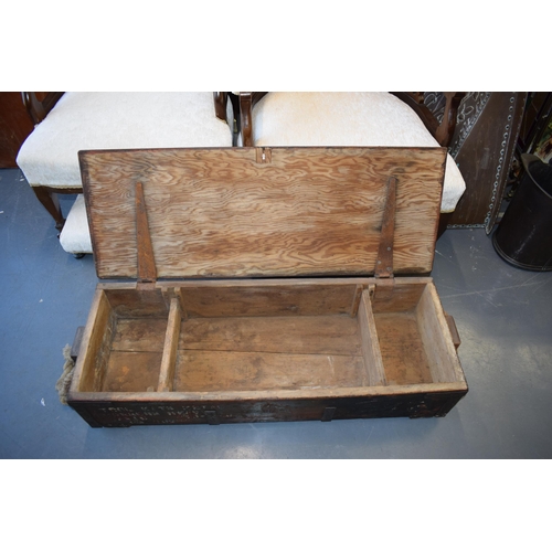 506 - A military ammunition box / tool kit in wood with rope handles. WWII era marked in original paint wi... 