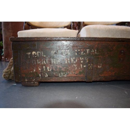 506 - A military ammunition box / tool kit in wood with rope handles. WWII era marked in original paint wi... 