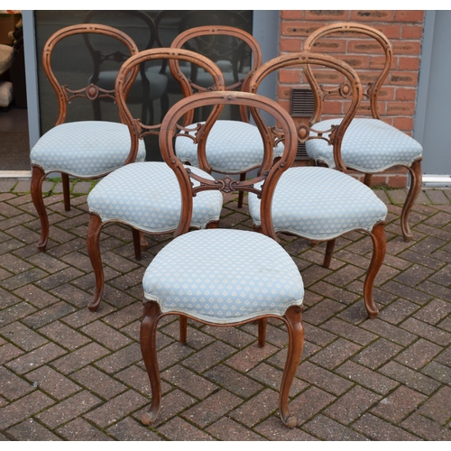 507 - A matched set of 6 Victorian balloon back dining chairs with blue upholstery (6), 88cm tall.