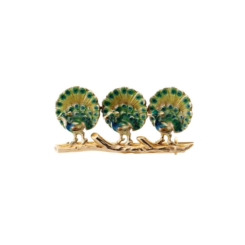 18ct gold brooch in the form of three peacocks, on a branch, with enamelled decoration, 35mm wide, 5.2 grams, on a 14ct gold pin (tests as).