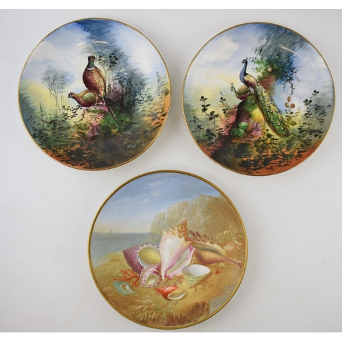 119 - A pair of early 20th century hand painted plates depicting Pheasants and Peacocks together with anot... 