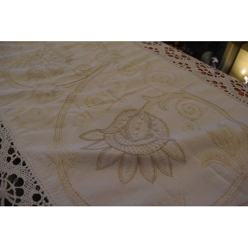 329 - 19th century hand embroidered table / bed runner in white linen with hand macrame lace to boarder. I... 