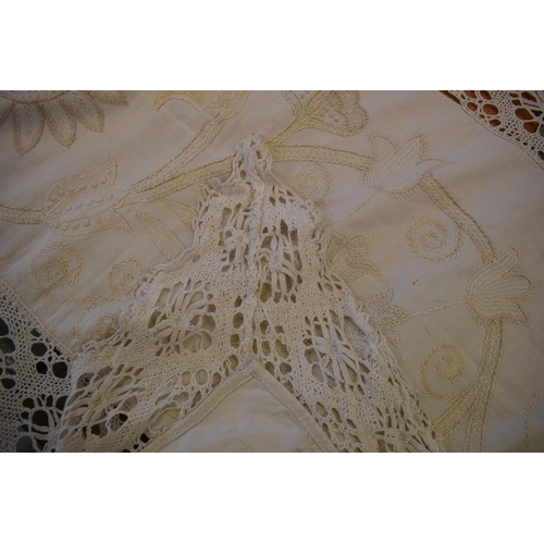 329 - 19th century hand embroidered table / bed runner in white linen with hand macrame lace to boarder. I... 