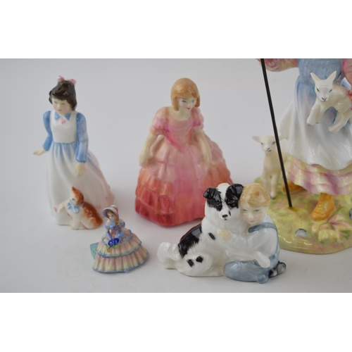 112 - Royal Doulton figures to include The Sheperdess, Rose, miniature figures and others (9).