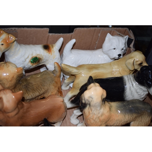 124 - A quantity of ceramic dog figures by Staffordshire potteries, dog breeds include Collie, Doberman, W... 