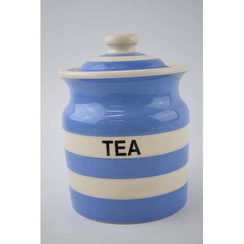 141 - A T.G Green Cornish Ware 'Tea' container in blue and white colour way. Height 16.5cm. 100% of the pr... 