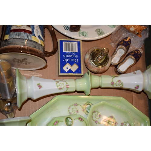 144 - A mixed collection of ceramics to include antique dressing table set, Spode miniature shoes, Beswick... 