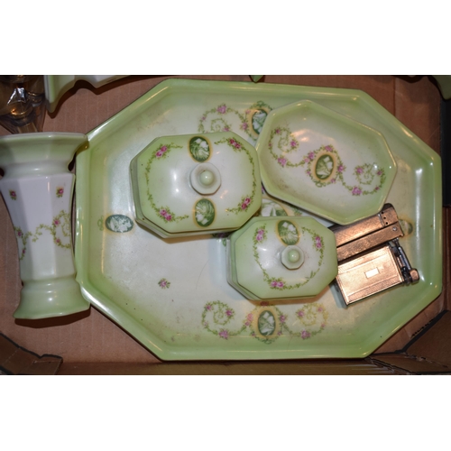 144 - A mixed collection of ceramics to include antique dressing table set, Spode miniature shoes, Beswick... 